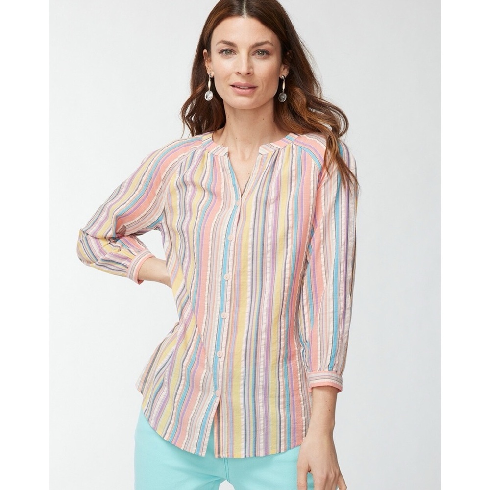 Chicos Repeat Button Front Shirt Blouse Stripes Colorful Pastels Pink Cotton